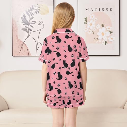 Black Cat Footprint Pink Pattern Summer Satin Pajama Set, Cute Button-Down Sleepwear Pj Set for Sleep Wears4