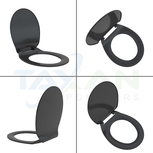 Image of TAXAN Black EWC Toilet Seat Cover (17 x 14.5 in) | Oval Shape, PVC Western Commode Seat with Lid | High Glossy Finish, Sleek Design, Non-Soft Closing Commode Seat Cover with Installation Kit