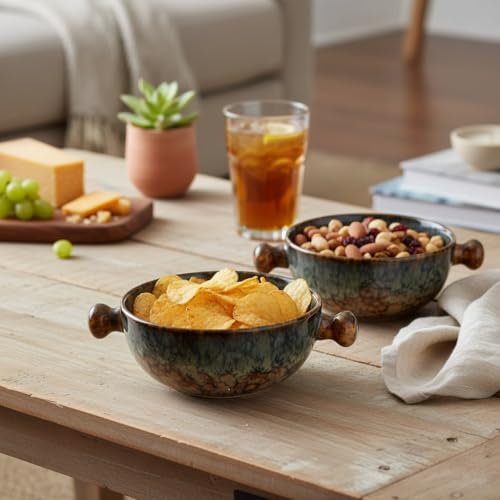 Image of Beyond Homes Ceramic Snack Bowl with Handle, 18 cm | Microwave and Dishwasher Safe Ceramic Serving Bowl for Pasta, Soup, Snacks | Matte Finish, Set of 2 (Abstract Brown, 500 ml)