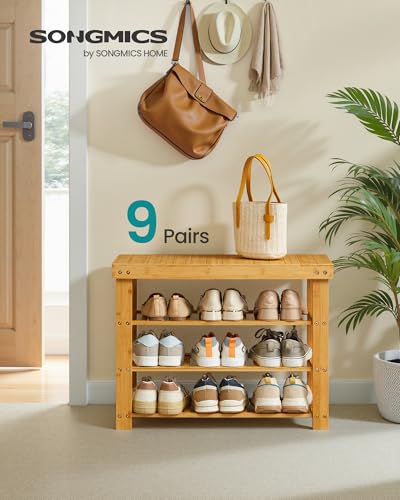 Image of SONGMICS Shoe Rack Bench, 4 Tier Bamboo Shoe Storage Organizer, Entryway Bench, for Living Room, Bathroom, Bedroom, 11.3 x 27.6 x 20.5 Inches, Light Bamboo ULBS370YL01