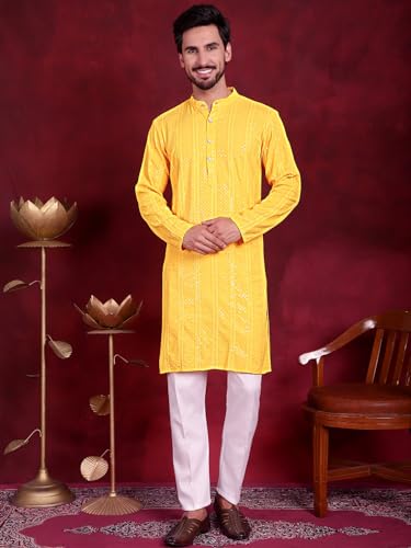 Image of Jompers Men's Regular Fit Rayon Sequins Chikankari Embroidered Kurtas