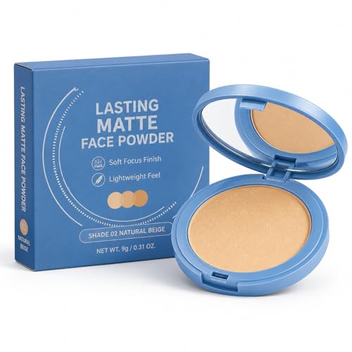 Lasting Matte Face Powder, Pressed Setting Powder Compact with Mirror, Soft Focus Finish Lightweight Face Powder for Daily Makeup and Touch-Ups (02 Natural Beige)