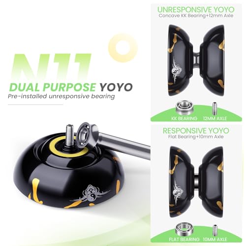 Image of MAGICYOYO Professional Yoyo Set N11+K2, Responsive Yoyo & Unresponsive Yoyo for Kids 8-12, Advanced, Pro Yoyo with 12 Yoyo Strings,Yoyo Bag,Yo-Yo Accessory Kit (N11 Black Golden+ K2 Black Green)