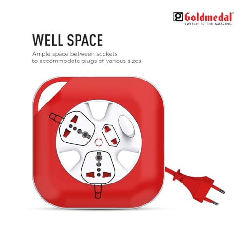 Image of Goldmedal Infino 2 Pin Extension Cord(White and Red) Pack of 1,Master Switch with Indicator,Heavy-Duty 5-Meter Cable,International Sockets & 2-Pin Socket
