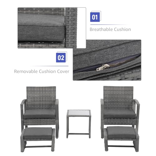Patiorama 5 Piece Outdoor Patio Wicker Furniture Set, All Weather Grey PE Rattan Chair and Ottoman Footstool Set, W/Coffee Table, Cushions (Dark Grey) for Garden, Balcony, Porch, Space Saving Design