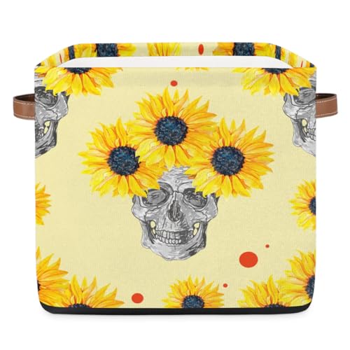 Mularoka Wreath Skull Sunflower Storage Basket 13*13*13 Inch Collapsible Storage Bins Foldable Storage Box Bins with Handles For Clothes Kitchen Living Room Storage