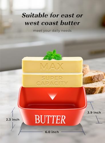 Butter Dish with Lid, Large Butter Container for Countertop, Ceramic Butter Holder for Counter, Butter Tray Butter Keeper with Knife and Sponge Scrubber, Perfect for 2 Sticks of Butter, Red