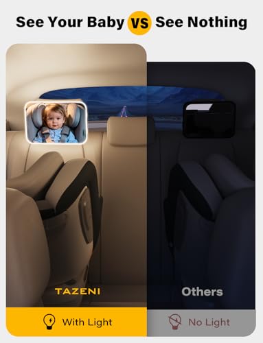 Image of TAZENI Baby Car Mirror - LED Light Baby Car Seat Mirror for Rear Facing with 175 Wide Clear View Anti-Glare, 360 Rotation, Shatterproof, Crash Tested, Safety & Easy Install, espejo para carro bebe
