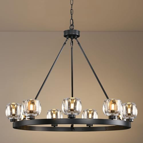 Black Wagon Wheel Chandelier 36" 9-Light Crystal Farmhouse
