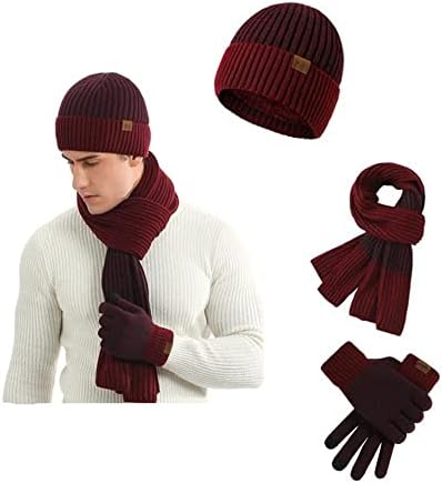 3 Piece Men's Beanie Hat Scarf and Touch Screen Gloves Set Winter Thermal Elastic Thicken Warm Fleece Inner Lining Knit Beanie Cap Winter men's Accessories