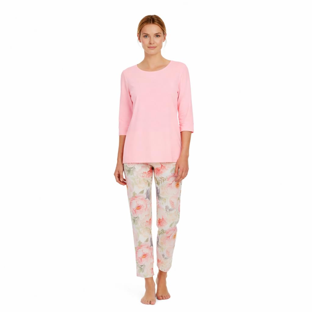 Ringella Damen Schlafanzug mit 3/4-Arm, Zartrosa & 7/8-Hose | Pyjama mit Pfingstrosen-Allover, Single Jersey, 50% Baumwolle/50% Modal, Farbbrillant & pflegeleicht