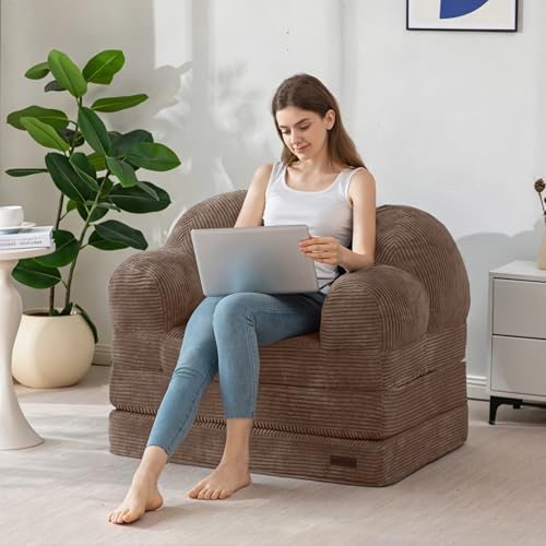 Image of MAXYOYO Folding Sofa Bed, Floral-Shaped Convertible Floor Sofa Couch withBackrest, 2 in 1 Comfy Lounger Bean Bag Chair with Handle, Floor Single Couch for Living Room Bedroom, Brown