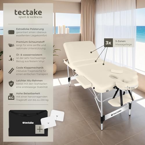 tectake® Massageliege 3 Zonen, Massagetisch, Massageliege klappbar, höhenverstellbare Aluminium Massageliege, Massagebett tragbar inkl. Zubehör, Kopfstütze, Armlehne, Tragetasche - beige 2