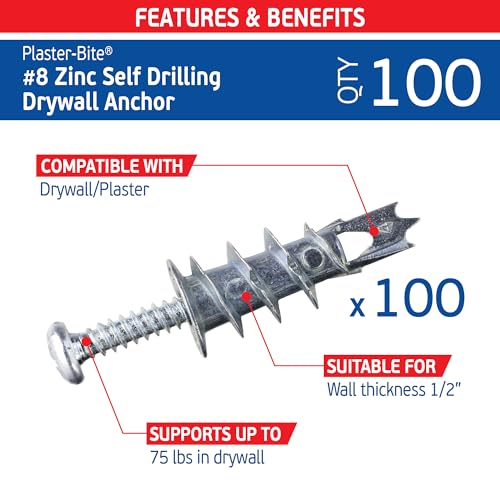 FixMaster Self-Drilling Drywall Anchors Zinc with Screws (100 Anchors & 100 Screws) β Heavy Duty Zinc Plaster/Hollow Wall Anchor Kit for 3/8", 1/2", 5/8" Drywall β 75 lbs Holding Strength by FixMaster - Used condition - Image 2