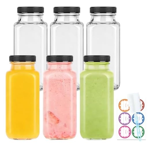 GUANENA 6 Pack Glass Drink Bottles, 8.5 OZ Vintage Square Water Bottles with Lids, Juice Bottles Beverages Containers for Milk, Kombucha, Smoothies