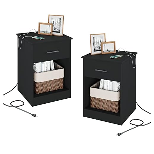 Reettic Set of 2 Nightstand with Charging Station and USB Ports & Power Outlets, Wooden End Table with Drawer and Opening Shelf, Side Table for Bedroom, Black RCTG101BE02