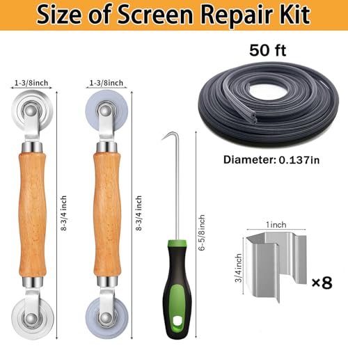 King&Charles Window Screen Door Repair/Replacement Kit, Include Gray Screen Mesh 48"x118"+ 2 Roller+50Ft Spline+8Clips+Hook, 6 in 1 Window Mesh Kit, Steel/Nylon Bearing Roller by King&Charles - Image 7
