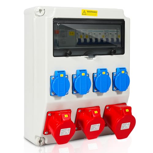 Eulenke Caja de Enchufe para Obra 32A 16A 230V, Tomas CEE, Impermeable IP44, Interruptor de Seguridad, 4x Enchufes Schuko, Toma CEE 16/32A, Distribuidor de Corriente