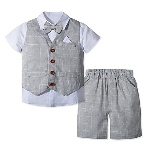 Angelwilla Costume garçon 4 pièces, costumes formels pour bambins, ensemble pour enfants, ensemble de tenue d'été étroite, gilet en coton, costume d'homme bébé garçon Cover