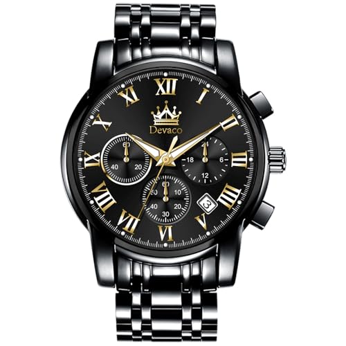 devaco Men Watches Business Watch for Male Luminous Quartz Waterproof with Stainless Steel Strap Stopwatch Timing Function Day Window