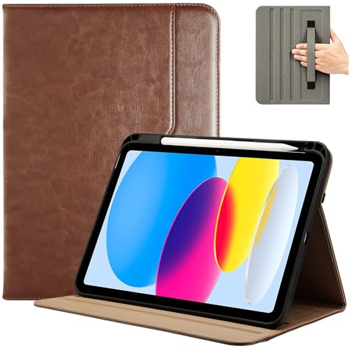 ProCase for iPad A16 11th Generation 11 2025/iPad 10th Generation 10.9 2022 with Pencil Holder iPad 11/10 PU Leather Case Business Stand Cover Smart Folio with Hand Strap Front Pocket -Brown