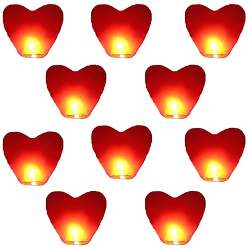 VAIIEYO Paquete de 10 Farolillos Voladores, Farolillos de Corazón Rojos, Farolillos de Cielo Chinos con Forma de Corazón rojo, Biodegradables,Para Cumpleaños,Año Nuevo y todas las Celebraciones Rojo