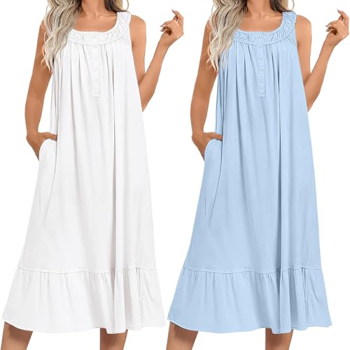 Image of Ekouaer 2 Pack Nightgowns for Women Sleeveless Long Night Gowns Victorian Nightdress with Pockets Soft Ladies Gown