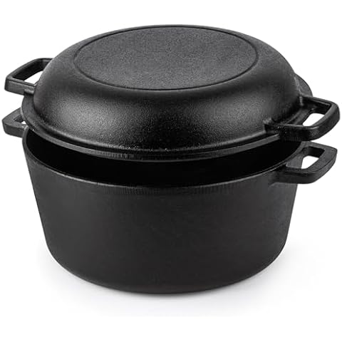 Pre-Seasoned Cast Iron Dutch Oven Casserole Pot - Cast Iron Skillet Lid – 2 in 1 Cooking Cookware Pan Set – Dutch Oven Pot with Lid – Black, 5 Quarts, 26cm – by Nuovva Cover