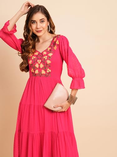 Image of RATAN Women's Floral Embroidered Puff Sleeve Chiffon Flared Tiered Kurta Gown Maxi Dress