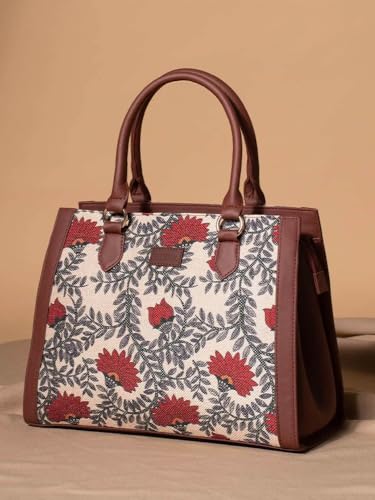 Image of ZOUK Nawabi Couture Floral Printed Jute Handcrafted Vegan Leather Brown Women's Handbag | Ladies Purse Handbag | Double Handle Detachable Strap
