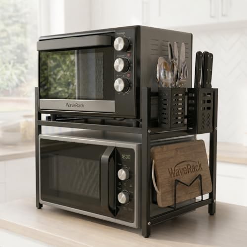 Expandable Microwave Stand & Shelf 2 Tier Kitchen Organiser Rack Black