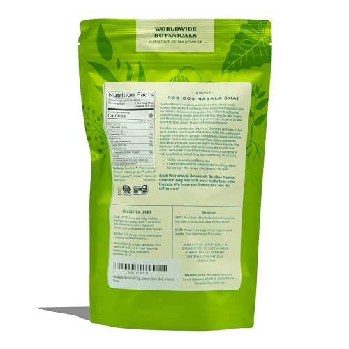 Worldwide Botanicals Rooibos Masala Chai Herbal Tea, 50 Tea Bags - Organic, Caffeine Free, Kosher, 50% More Herbs - 50 Tagless Eco-Friendly Tea-Bags