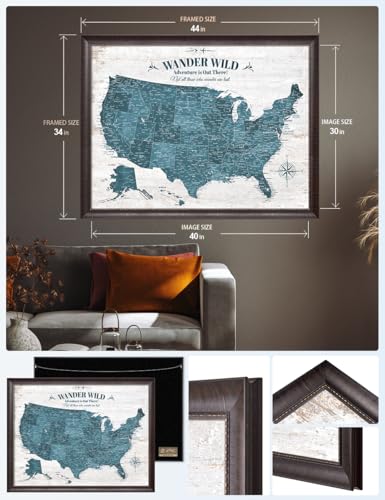 Image of IPIC - Large Custom USA Map Wall Art, Push Pin Map with Custom Names to Track Your Travels, Vintage Teal Framed Canvas Wall Decor for Home, Office or RV, Made in USA