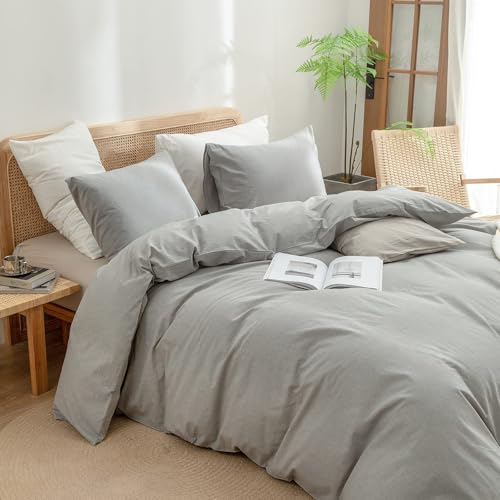 Image of BESTOUCH Cotton Solid Duvet Cover Set Linen Feel Light Grey Oversized Full | Washed Cotton, Linen Feel, Soft Wrinkle Texture, Hidden Zipper, 8 Ties, Breathable Lightweight Durable Comfy, 3Pcs No Insert