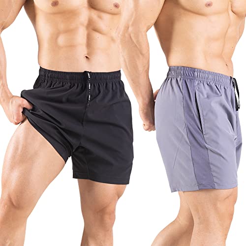 Gaglg Men's 5" Running Shorts 2 Pack Quick Dry Athletic Workout Gym Shorts With Zipper Pockets Black/Gray,Medium #TOP2
