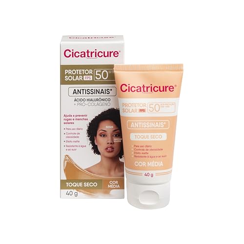 Cicatricure Protetor Solar Facial FPS 50 Antissinais Toque Seco Cor Média, Previne Rugas e Manchas, Ultra Proteção UVA UVB, Ácido Hialurônico para Pele Oleosa, 40 ml