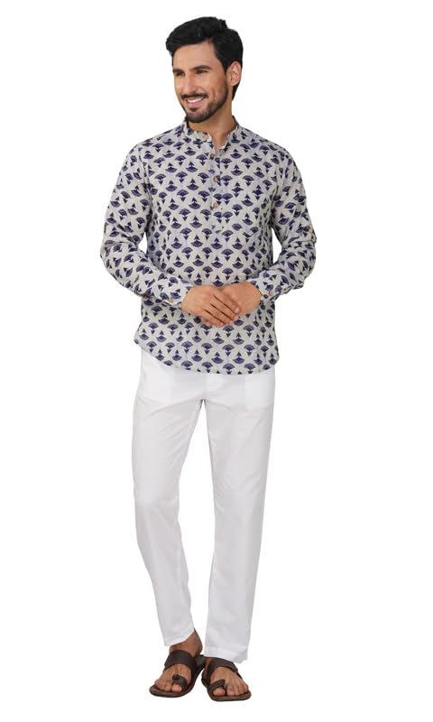 Image of Vastraa Fusion Men's Handloom Weaving Pure Cotton Short Kurta, Round Collar, Full Sleeves,Button Kurta, Ethnic Wear
