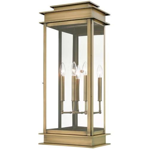 Livex Lighting, 20208-01, Princeton, linterna de pared extra grande para exteriores, latón antiguo con reflector de acero inoxidable cromado pulido