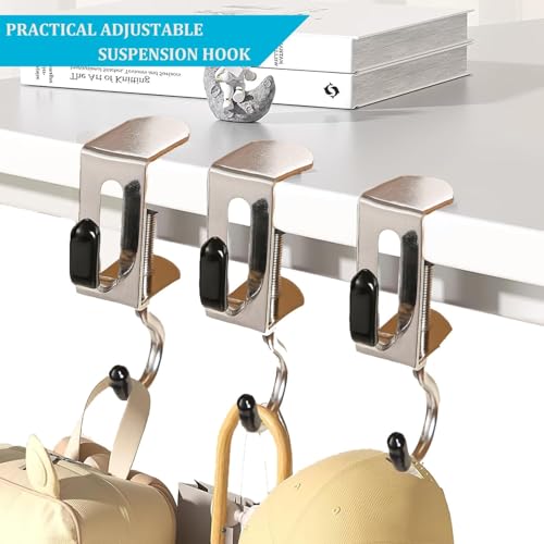 Image of 2-Pack Adjustable Metal Desk Hooks for Table | Heavy-Duty Under Desk Bag Holder, Purse & Backpack Hanger, Headphone and Umbrella Hook | No-Drill Clamp Table Hook for Office, Home & Study Desk