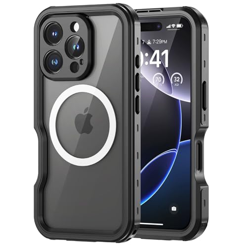 Lanhiem Coque pour iPhone 16 Pro Étanche - Antichoc [Compatible avec Mag-Safe] Incassable 360 Intégrale [avec Protection Écran+Camera] IP68 Waterproof Chantier Antipoussière pour iPhone 16 Pro Noir