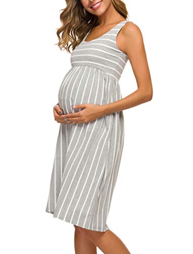 Ecavus Womens Maternity Tank Dress Stripe Color Block Sleeveless Knee Length For Baby Shower (M, Grey White Stripe) #TOP3