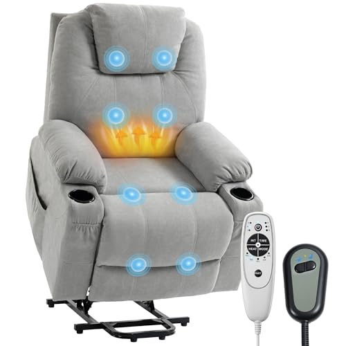 Image of HOMCOM Power Lift Recliner Chair with Vibration Massage and Heat, Electric Lift Chair with Pocket Spring & Wide Backrest, Fabric Riser and Reclining Armchair with Remote, Side Pockets, Light Grey