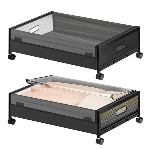 2 Pack Under Bed Storage on Wheels, 50L Underbed Rolling Metal Containers Boxes, Clear PVC Lid Underbed Clothes Storage with Handle, Under-bed Drawer Organizer for Shoes Toys Blankets