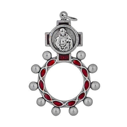 Image of VILLAGE GIFT IMPORTERS Rosary Rings | 4 Styles with Colored Enamel | Holy Figures and Saints Finger Rosary | Carded and Modern | Christian Jewelry (Sacred Heart - Red Enamel)