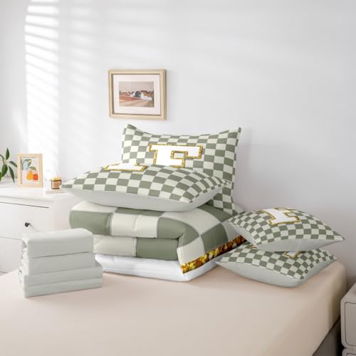 Image of Erosebridal Sage Green Checkered Full Bedding Set 7 Piece Plaid Initial F Bed in A Bag with Sheets Personalized Monogram Comforter Set for Kids Adults,Fashion Grids Gingham Bed Sets