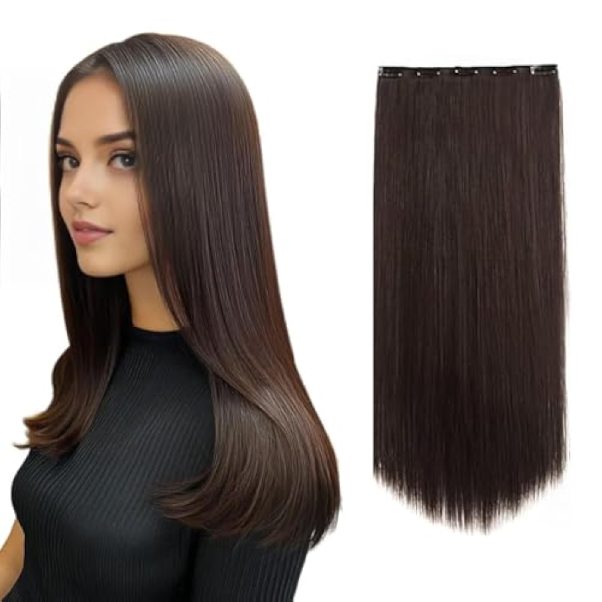 Curly/Straight Hair Extensions, Brown, 5 Clips