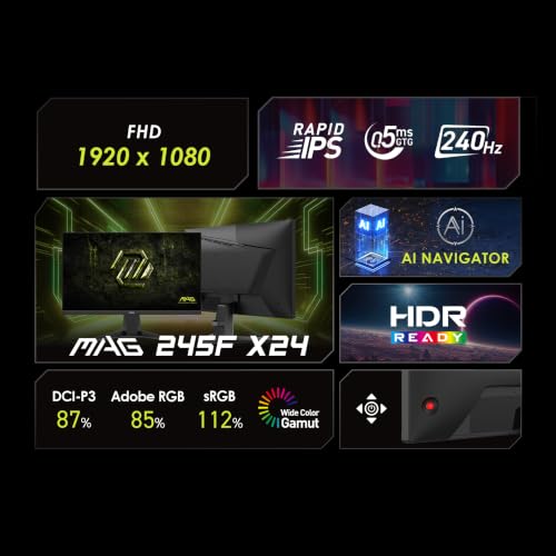 Image of MSI MAG 245F X24 24-Inch Gaming Monitor, 1920x1080 FHD, Rapid IPS, 240Hz, 0.5ms, HDR Ready, AMD FreeSync Premium, Eye Care, AI Vision, HDMI 2.0b, DP 1.2a, Frame-Less, Vesa Mount, Black