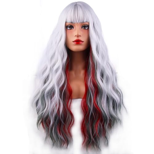Perruque ondulée argentée et rouge verte pour Noël et cosplays réussis