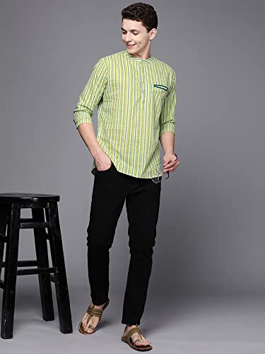 Image of INDO ERA Men's Cotton Straight Fit Printed Casual Straight Short Kurta (MKR0FG1209 Fluorescent Ready to Wear S to 2-)