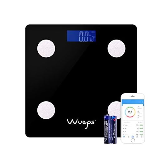 Wueps ® Báscula de baño, peso baño, balanza peso corporal, Max Capacidad 150Kg, Plataforma de vidrio templado 6mm, apagado automático, baterías incluidas, APP compatible con iOS y Android Color Negro